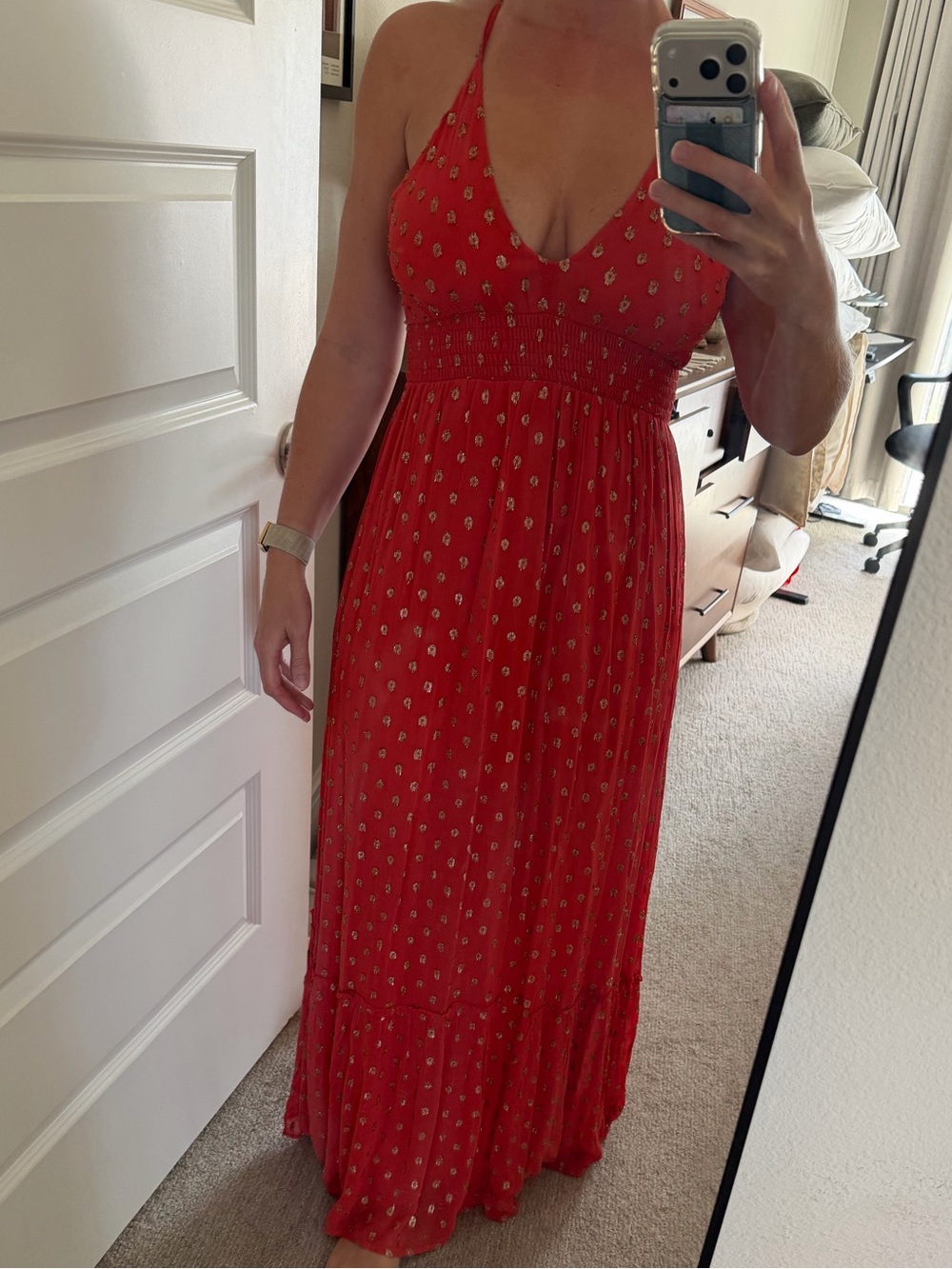 En Creme Red Halter Maxi Dress with Tiny Gold Motifs